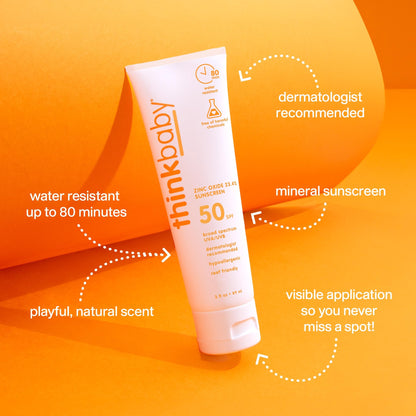 Thinkbaby SPF 50+ Baby Mineral Sunscreen – Safe, Natural Sunblock for Babies - Water Resistant Sun Cream – Broad Spectrum UVA/UVB Sun Protection – Vegan Baby Sunscreen Lotion, 3 Oz.