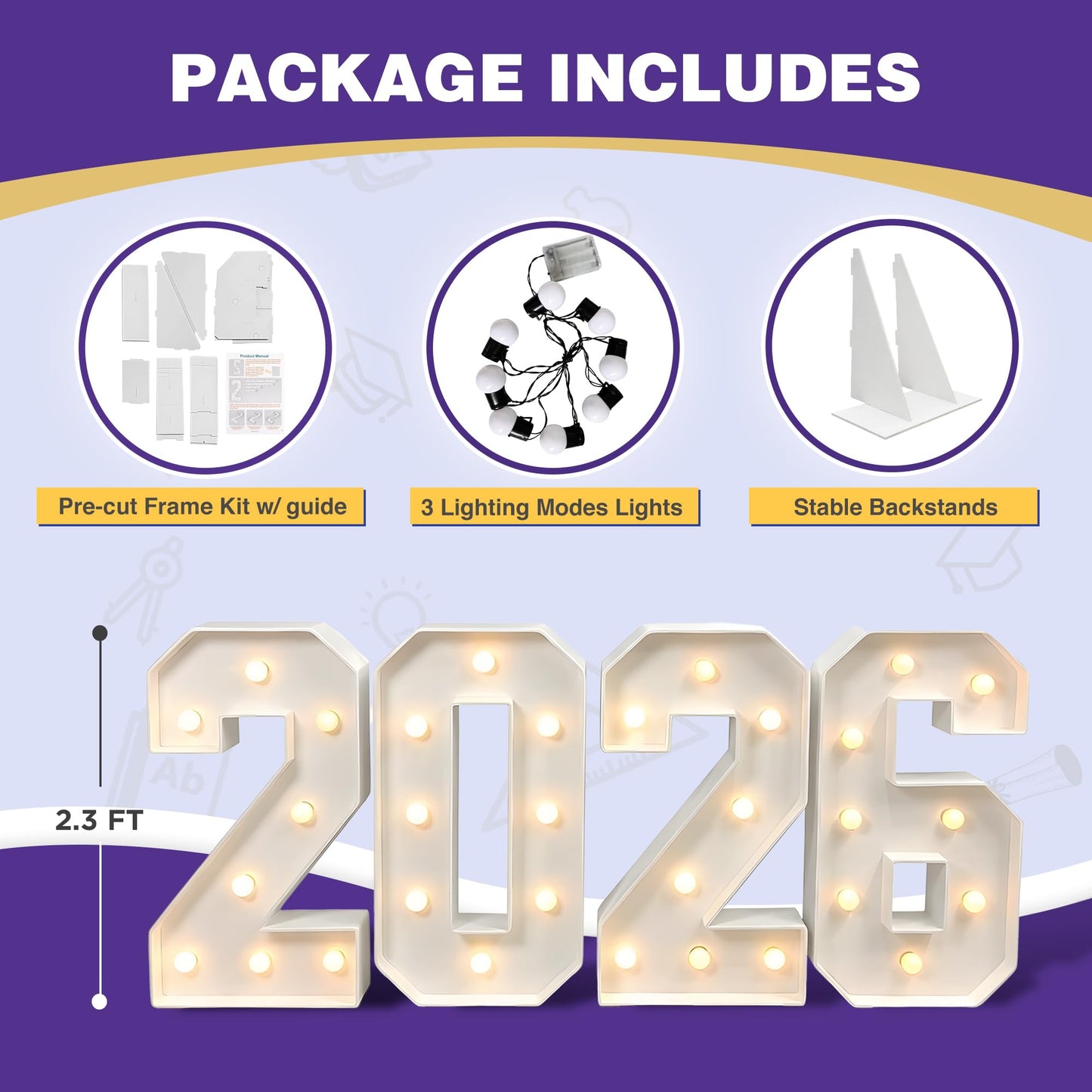 Graduation Decorations Class of 2026, 2.3FT Large PRE-CUT 2026 Marquee Numbers Kit for Preschool High School College Prom Party Decor