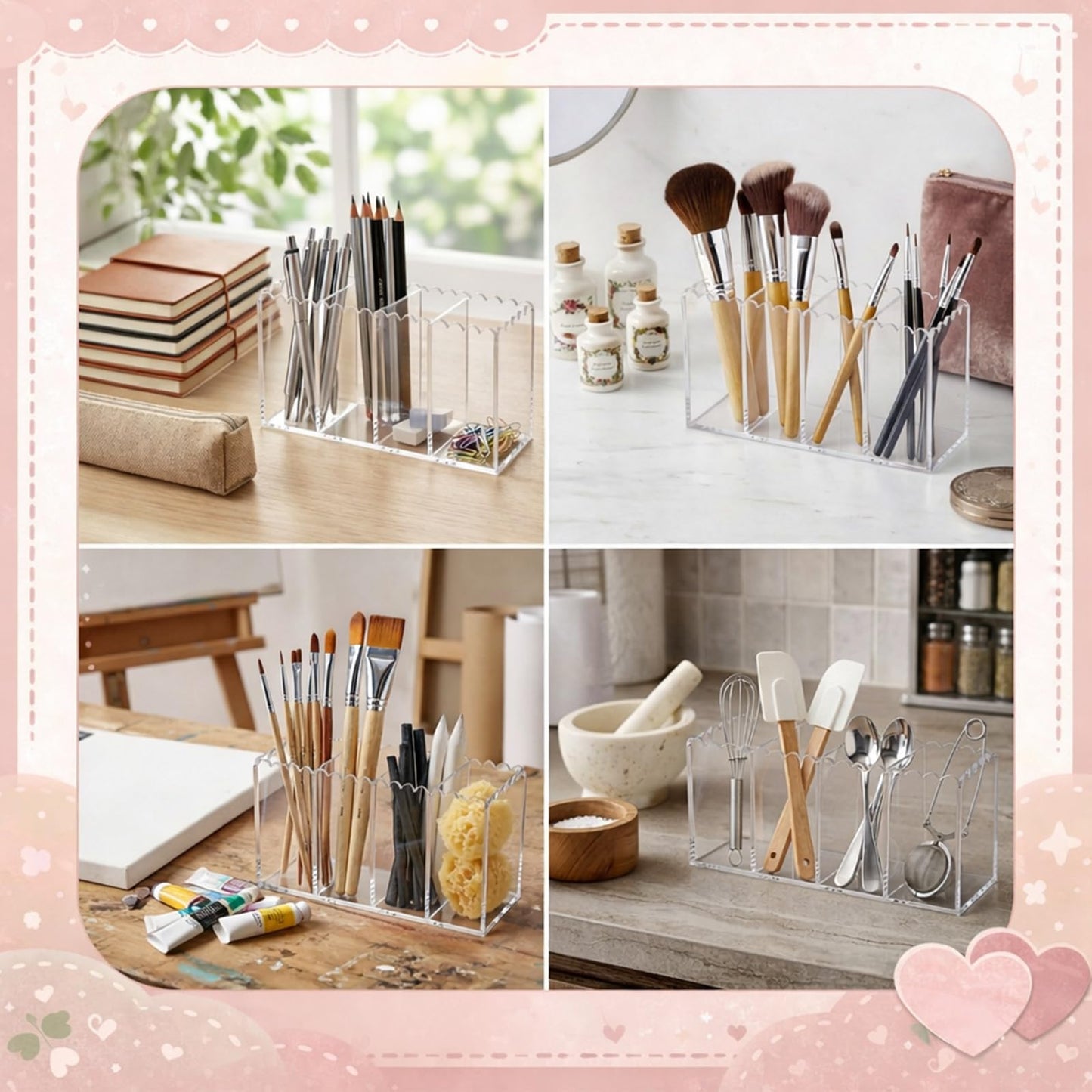 Tosstuki Scalloped Acrylic Pencil Holder for Desk, Clear Pen Organizer with 4 Compartments, Marker Makeup Brush Holder Remote Caddy for Home, Office, Bathroom, Classroom, Table