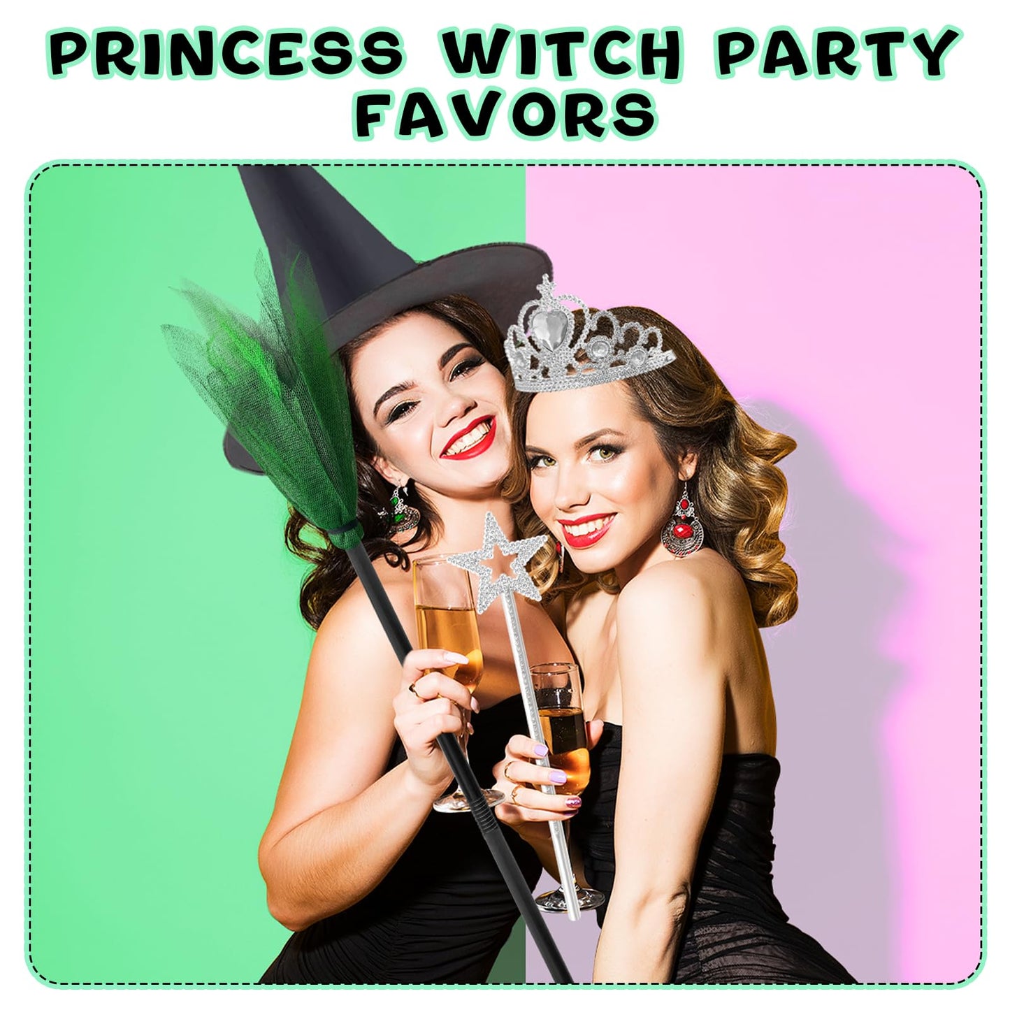 Yoloodayy 24 Pcs Witch Hats Brooms and Princess Crowns Star Wands Set Glitter Princess Accessories for Adults Witch Party Supplies Christmas Pink Green Party Decor Photo Props