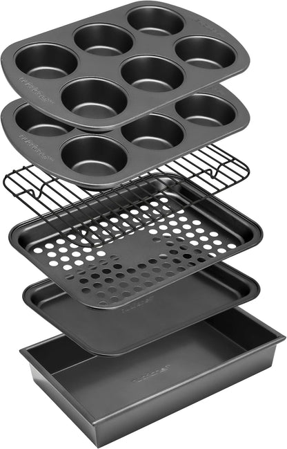 NutriChef 6-Piece Toaster Oven Bakeware Set - Non-Stick, Stackable Carbon Steel Pans & Muffin Trays