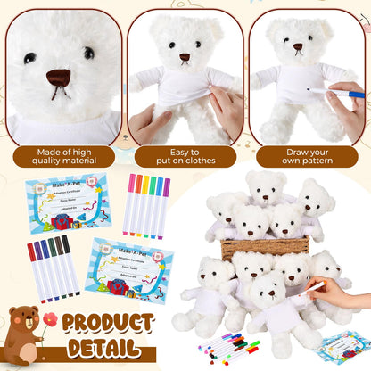 40 Pcs Make Your Own Stuffed Animal Bear Kit DIY 2026 Graduation Plush Gift 10 Pcs 9.84 Inches Rose Velvet Bear 10 White T Shirt 10 Set 12 Color Pen and Card for Graduates Party Craft Gift(White)