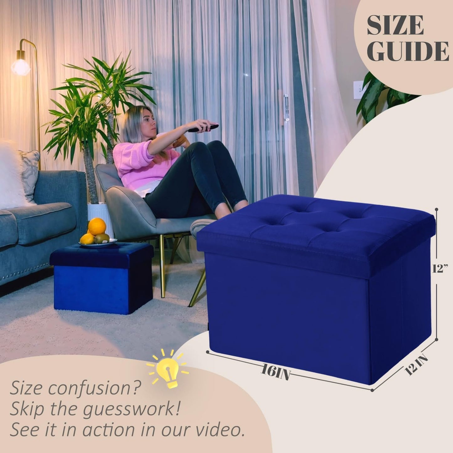 16X12X12IN LINMAGCO Small Velvet Ottoman with Storage Rectangle Foot Rest Under Desk Stool for Room Folding Ottoman
