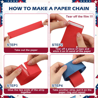Eaasty 300 Sheets Red White Blue Paper Chain Strips, 4th of July Paper Chains Craft, 46 Feet Total Length Patriotic Garland for American Independence Day Party Decorations with 1 Double Sided Tape