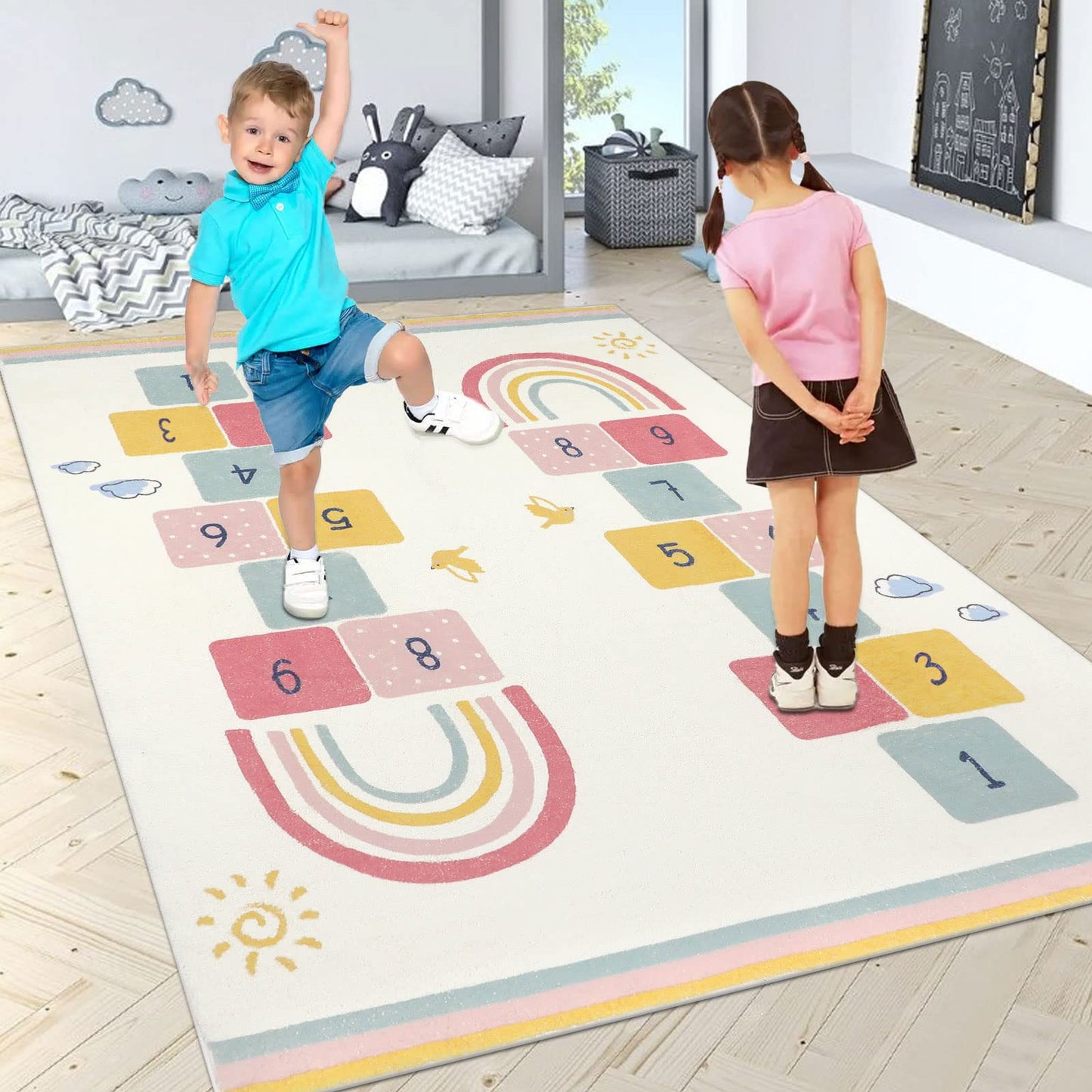 Topotdor Rainbow Sky Hopscotch Game Rugs,Kids Play Area Rugs Soft Floor Carpet for Bedroom Playroom Nursery,Great Gift for Girls & Boys,47" x 71"