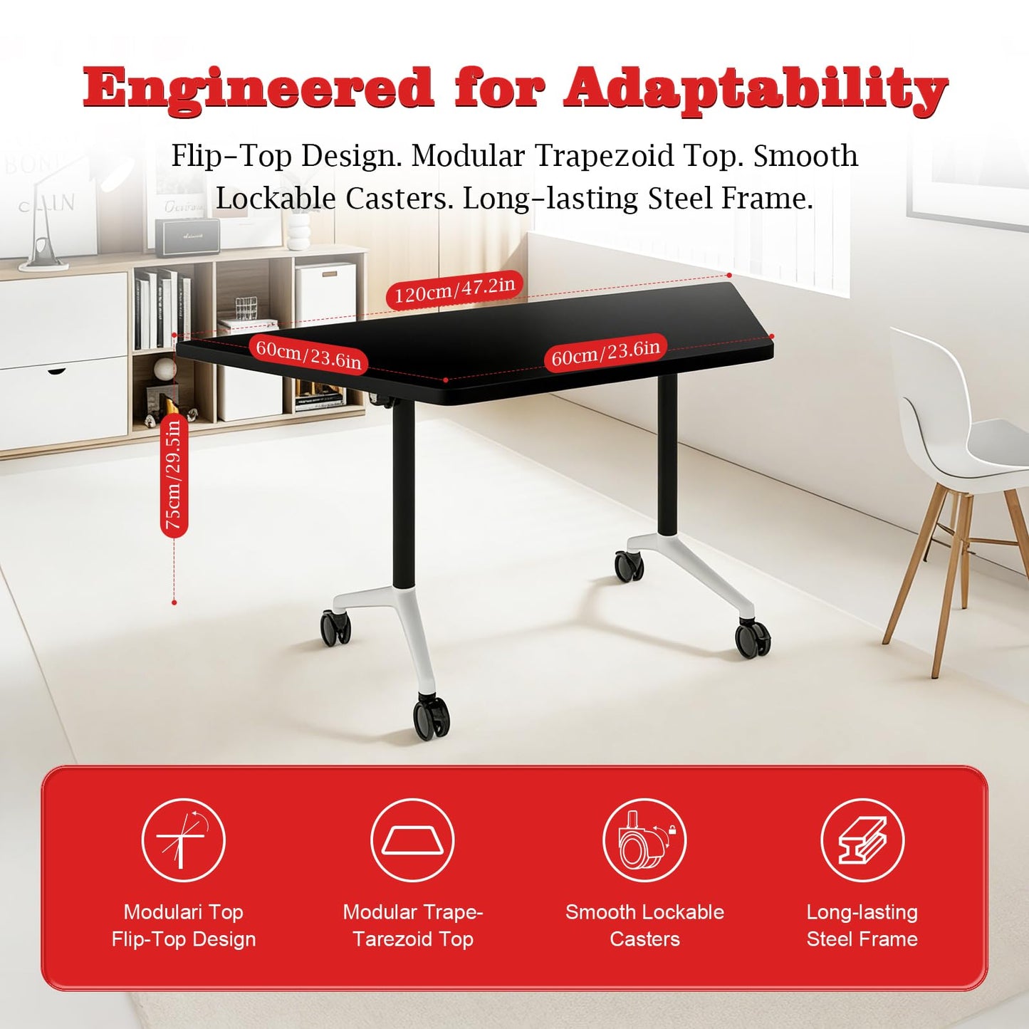 Conference Room Table, Foldable Flip Top Mobile Training Table with Wheels, 47.2 Inch Modern Rectangular Meeting Seminar Desk, Waterproof Metal Frame for Office, Classroom & Boardroom