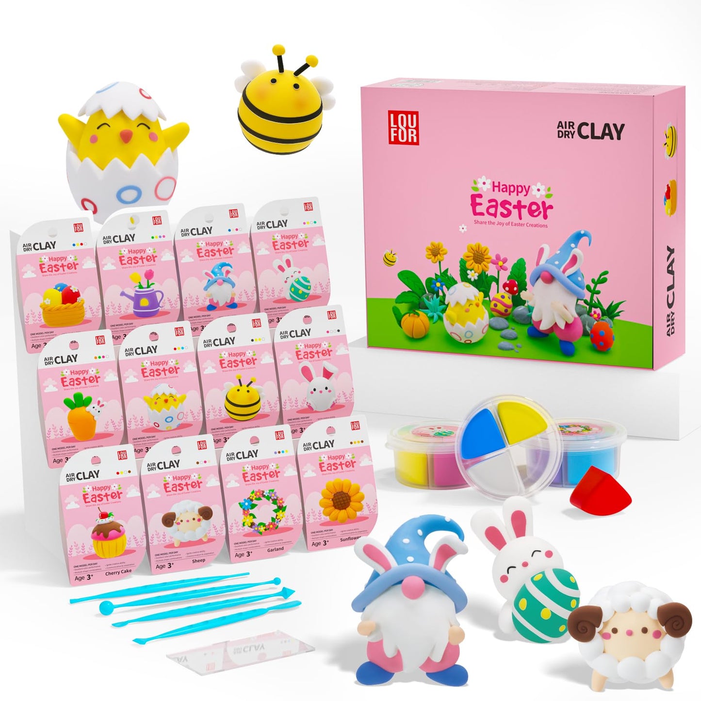 Loufor Air Dry Clay Kits Easter - Modeling Clay for Kids, Ultra Light & Soft, Safe & Non-Toxic, 12 Boxes Model Magic Clay with Sculpting Tools und Tutorials, DIY Creative Arts und Crafts Toys Gifts