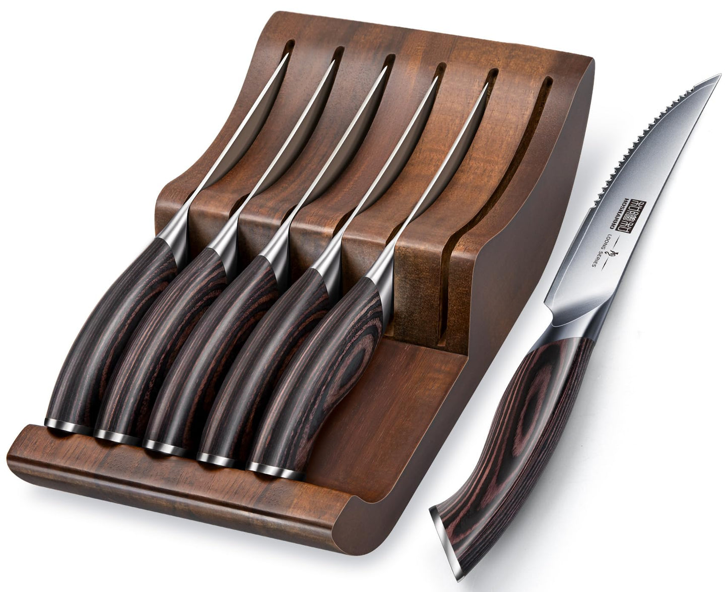 HOSHANHO Steak Knives Set of 6 with Block, 4.5 Inch Serrated Steak Knife Set, Japanese High Carbon Steel Kitchen Steak Knives with Ergonomic Handle