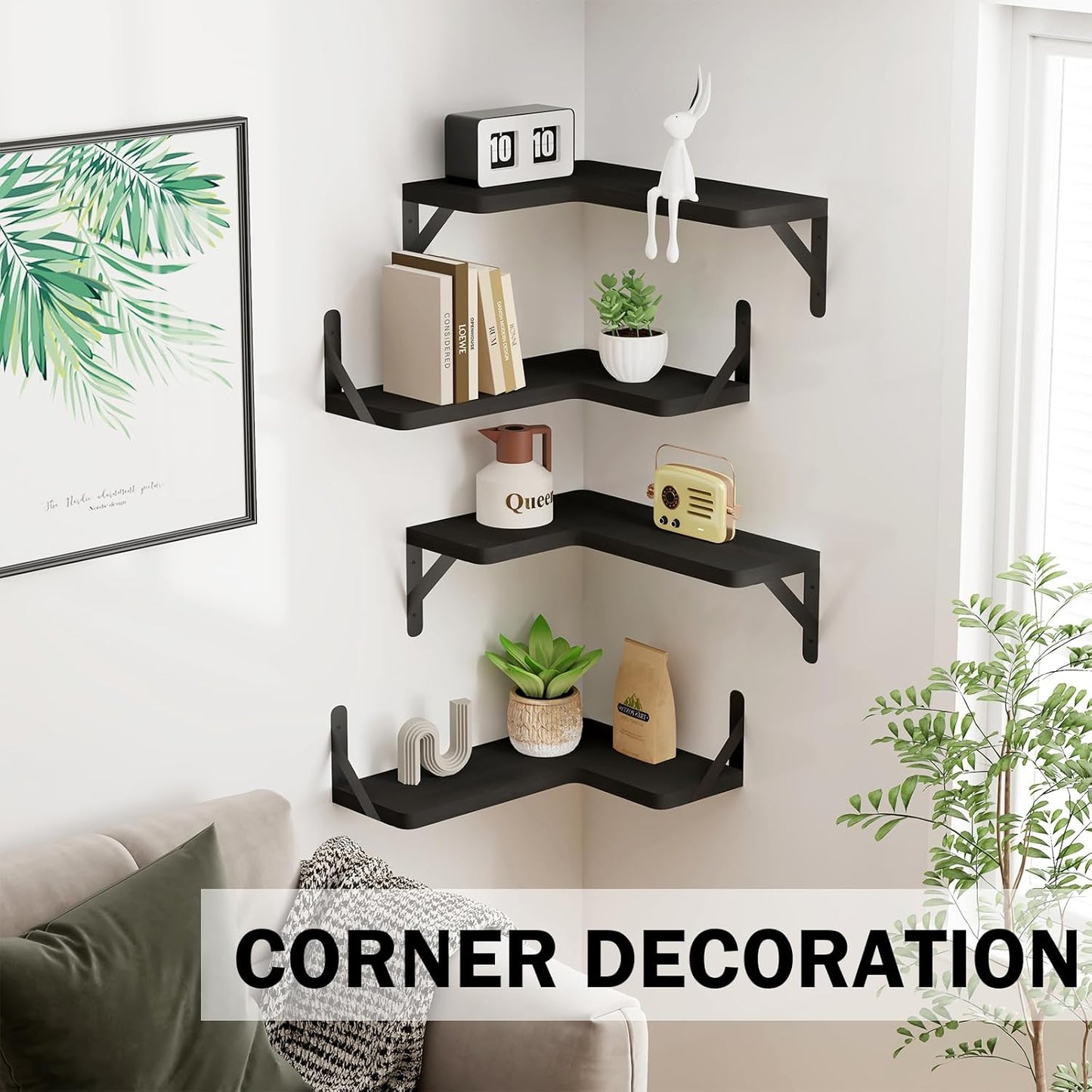 Set 4, Muzilife Corner Floating Shelves Wooden Floating Shelve of Wall Mounted for Storage, L-Shaped Shelves for Wall