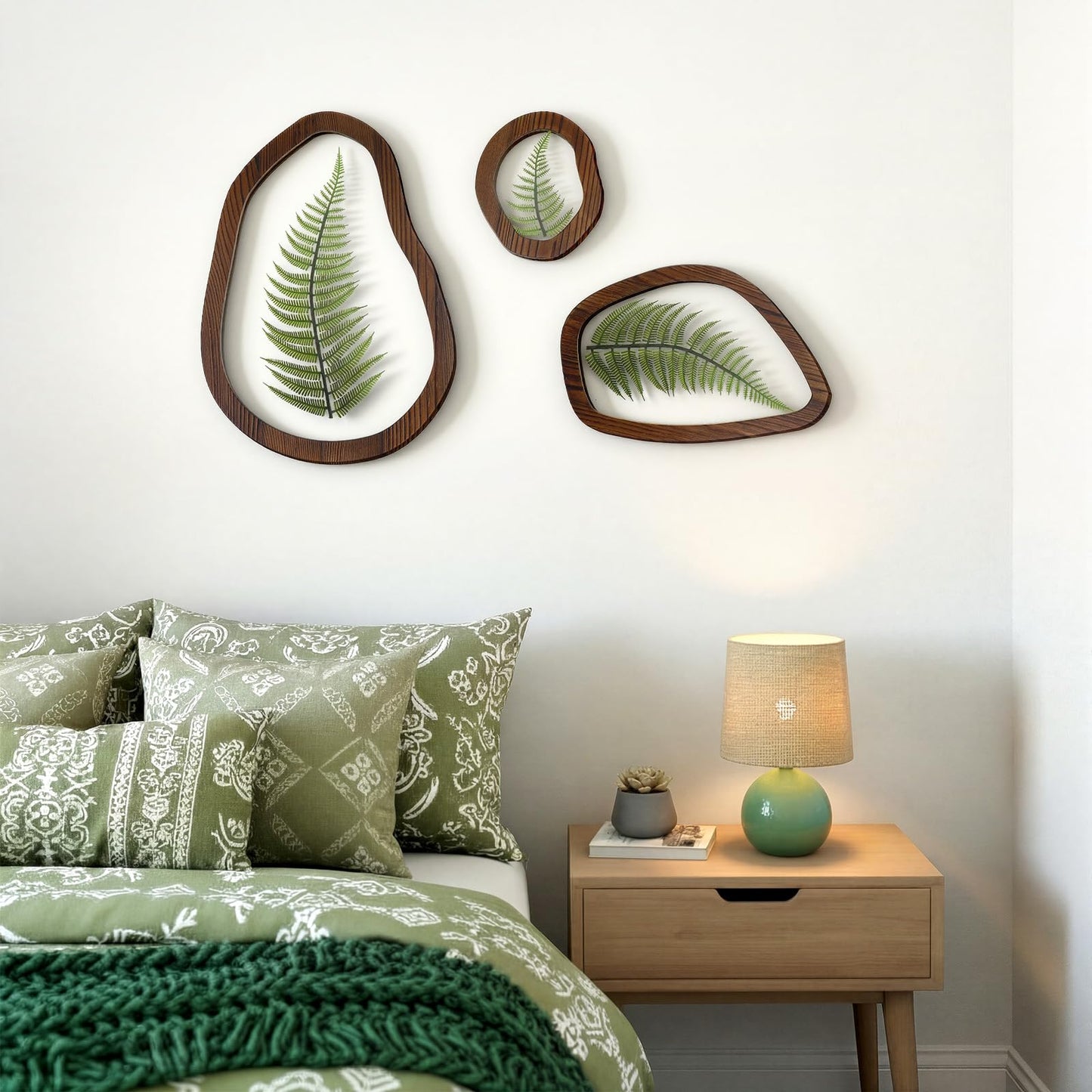 Lineshading Pressed Fern Wall Decor Set of 3, Irregular Wooden Frame with Preserved Ferns Double Glass, Rustic Botanical Wall Art for Bedroom Living Room Office, Housewarming Gift