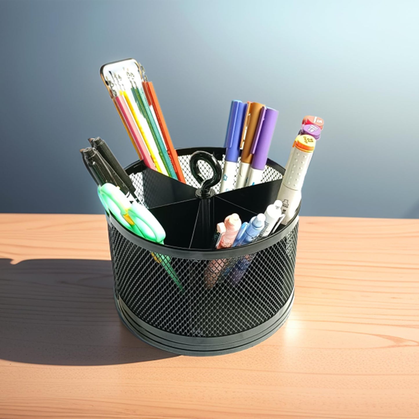 SETTFRFE Rotating Pen Holder for Desk,6-Compartment Metal Pen Container with Handle, Multi-Functional Desk Organizer for Office Supplies, Art Tools &Makeup Brushes, Black (Metal Mesh Style)
