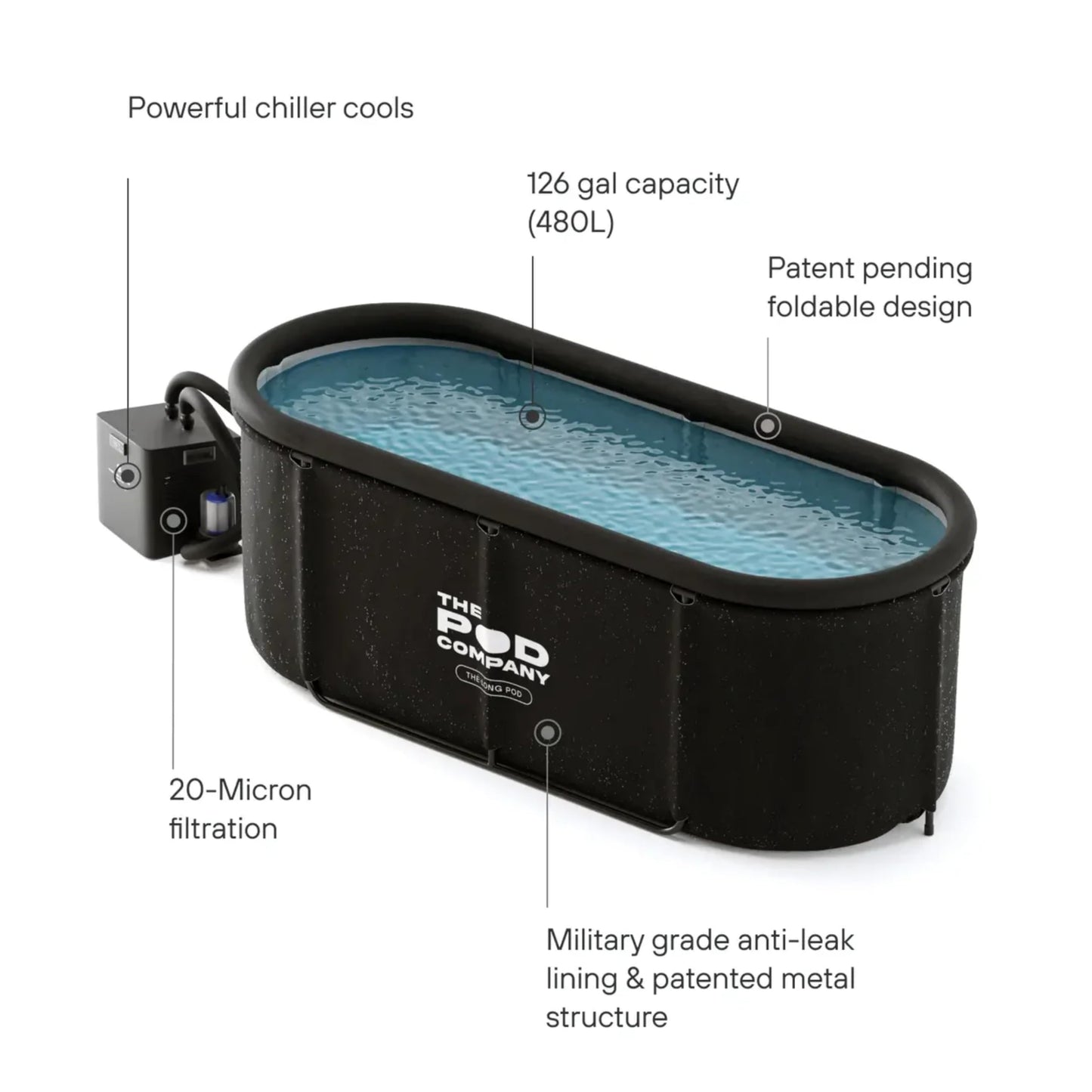 The Pod Company Cold Plunge Bundle – Long Pod (126 Gallon) + 1/3 HP Standard Water Chiller (41°F) – Extra-Large Metal Frame Cold Plunge Tub with Filtered Cooling System