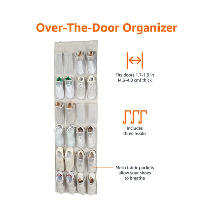 Amazon Basics 24 Medium Pocket Over-the-Door Hanging Shoe Organizer, Light Grey