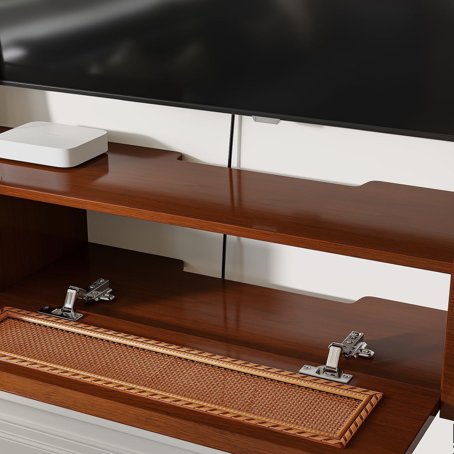 FurniNova Fully Assembled Floating TV Stand Wall Mounted 47'',High Gloss Floating Media Console with 2 Drawers & Rattan Door, Under TV Shelf for Living Room Bedroom Entertainment Center,Walnut