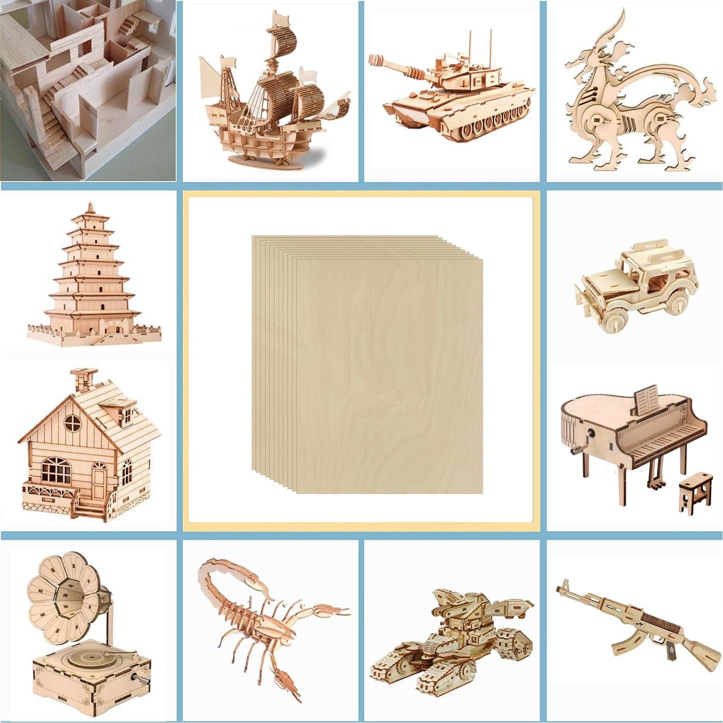 Unfinished Wood Pieces,12 Pcs Basswood Sheets 1/16,Thin Plywood Wood Sheets for Crafts,Perfect for DIY Projects, Painting, Drawing, Laser,Engraving,Burning and CNC Cutting(12x10Inchx2mm)
