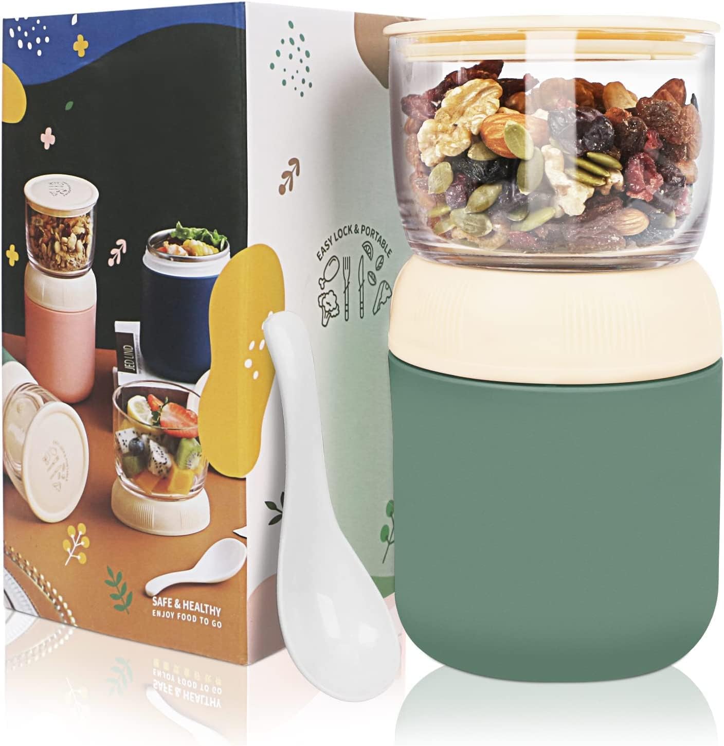 2-Tier Oatmeal Yogurt Containers, Cereal Cup with Lids and Spoon, Stainless Steel Insulated Food Containers