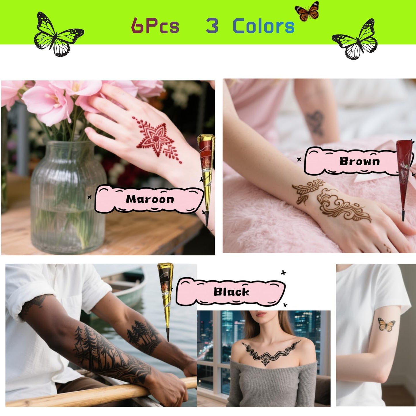 ManYan HaiYan Temporary Tattoo Stencils Kit - Reusable 12 Large Sheets, 78 Unique Designs - 6 Tattoo Cones 3 Colors (Brown/Black/Maroon) with Brush & Wipes for DIY Body Art, Festivals, Parties, Makeup