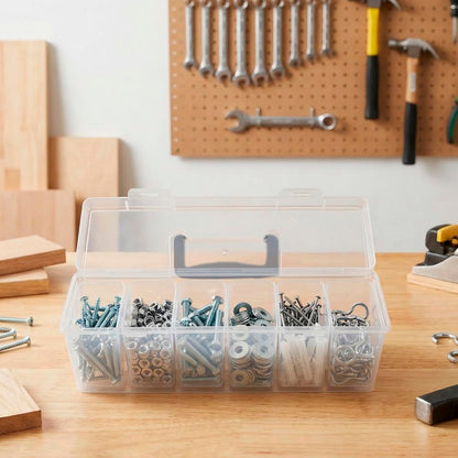 Mowhut Tool Box Organizer, Clear Plastic Small Tool Box With 6 Removable Bins, Portable Hardware Storage Case for Garage Repairs, Screw Sorting, Craft Supplies With Carry Handle