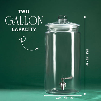 2 Gallon Glass Drink Dispenser with Spout for Parties - Tall Airtight Mason Style Beverage Serveware Stand with Metal