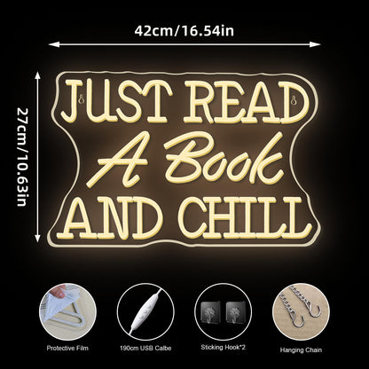 VVYXX Just Read a Book and Chill White LED Neon Lights Wall Decor LED Sign with Dimmable Switch Neon Light Up Sign for Classroom Bookstore Library Study Room Reading Party