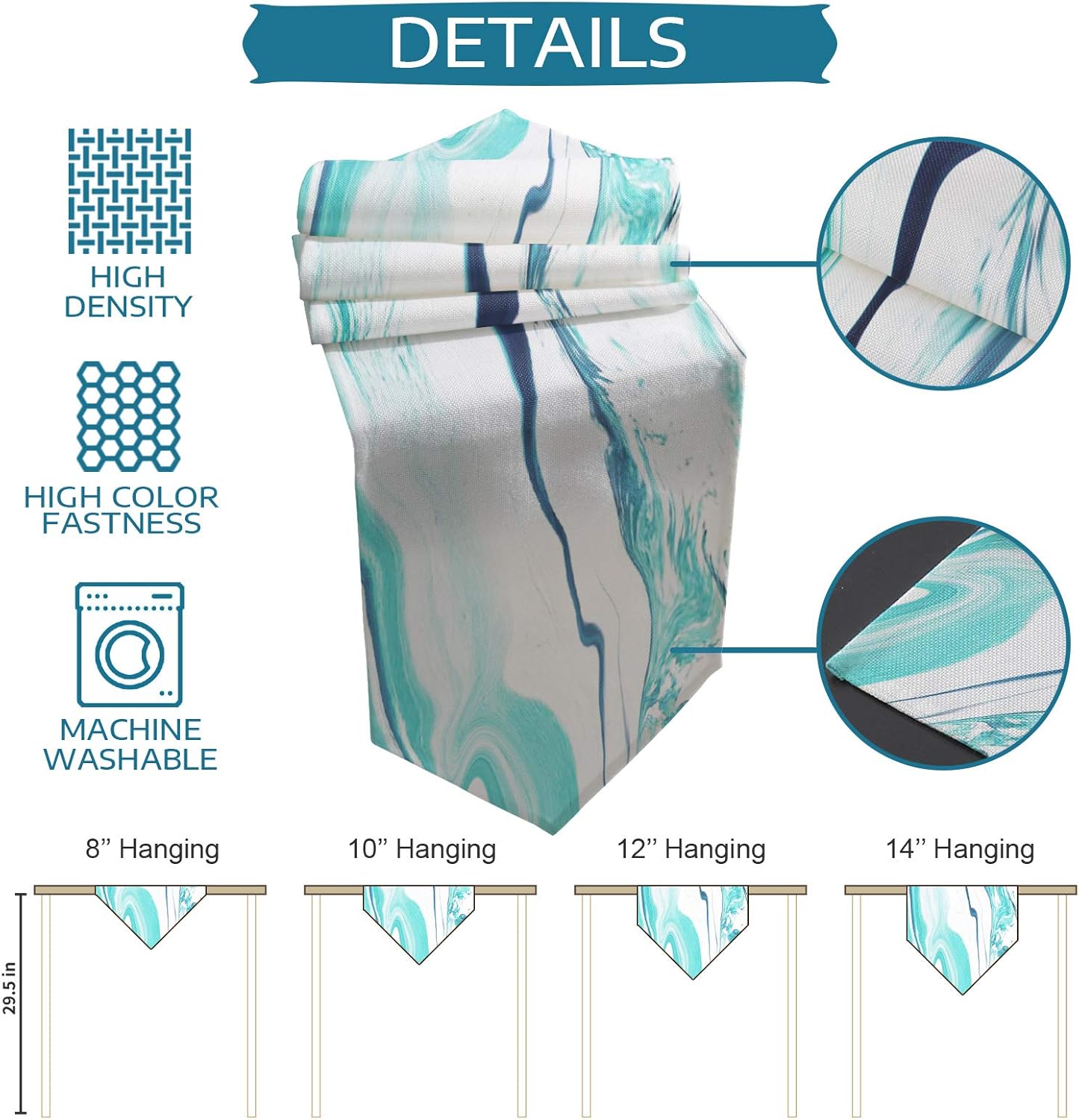 Cotton and Linen Triangle Table Runners, 90 Inches Long, Abstract Liquid Modern Turquoise Print for Table Decoration