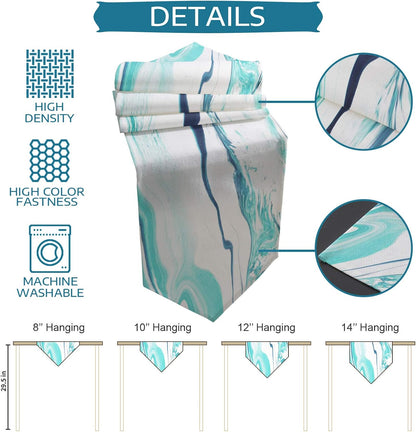 Cotton and Linen Triangle Table Runners, 90 Inches Long, Abstract Liquid Modern Turquoise Print for Table Decoration