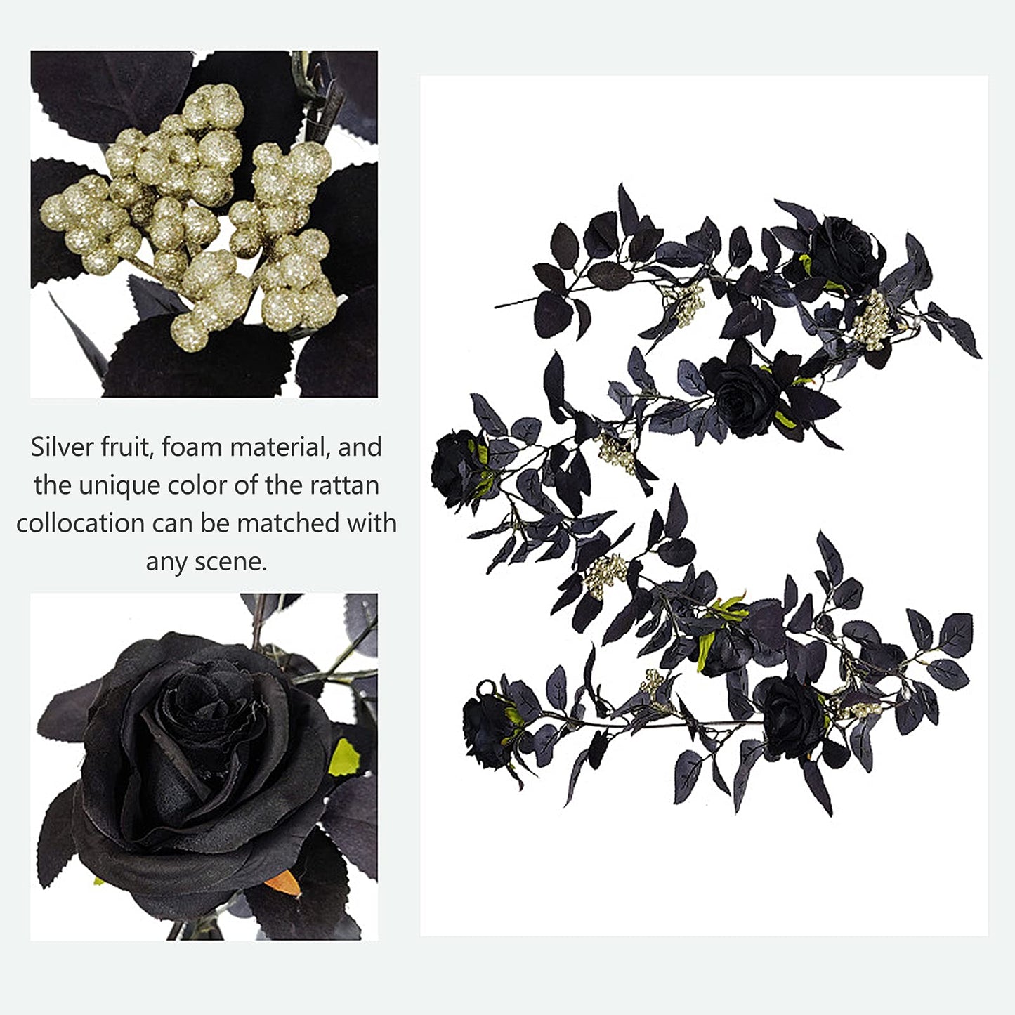 BFYDOAA 180cm Artificial Black Rose Vine Halloween Hanging Rose Flower Garland with Berries for Table Centerpiece,Fireplace Door Frame Backdrop Decor
