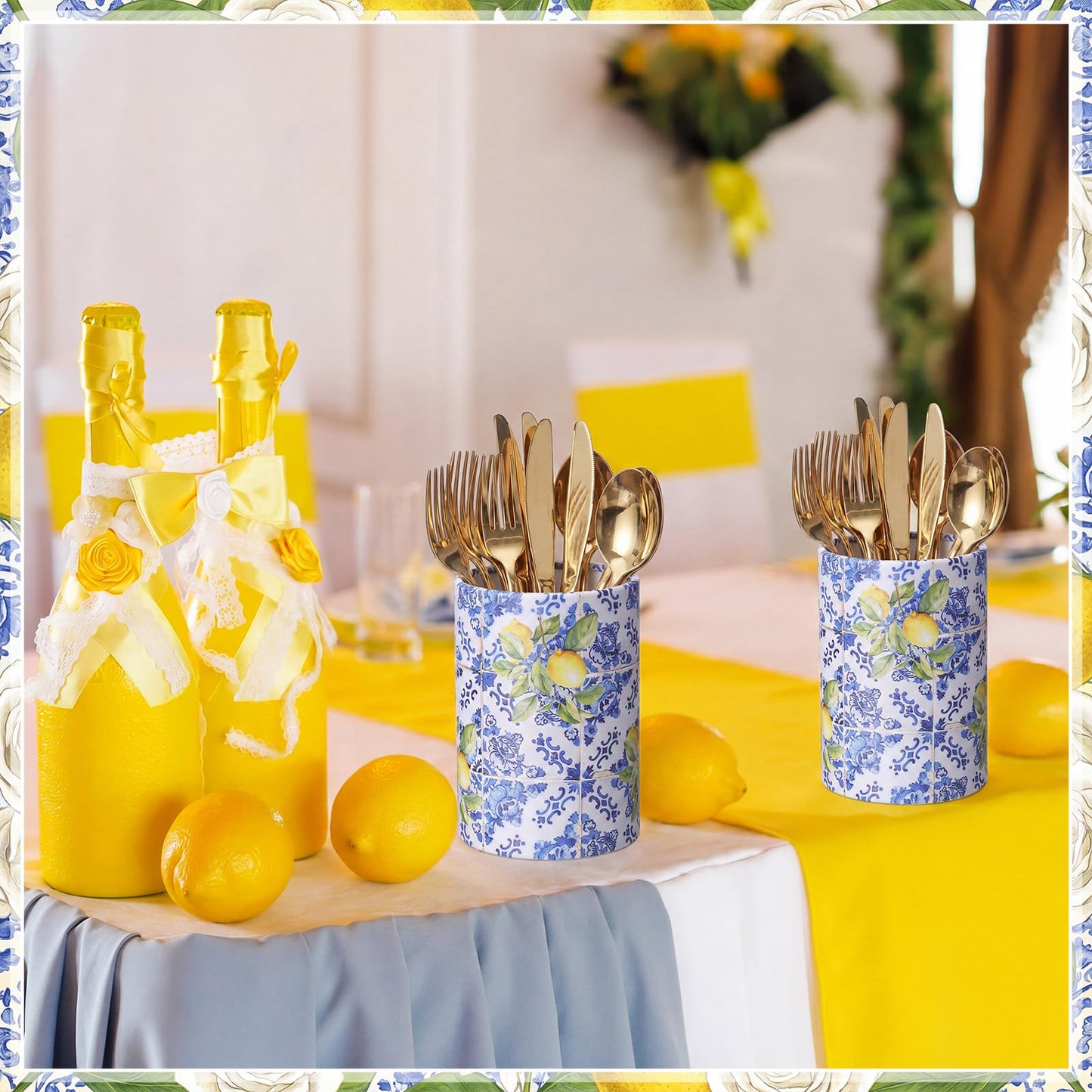 LemonRoad 6 Sets Blue Tiles Lemon Table Centerpiece for Wedding Amalfi Coast Cylinder Flower Boxes with Floral Foam Blocks Capri Mediterranean Positano Decorations Birthday Party Home Decor