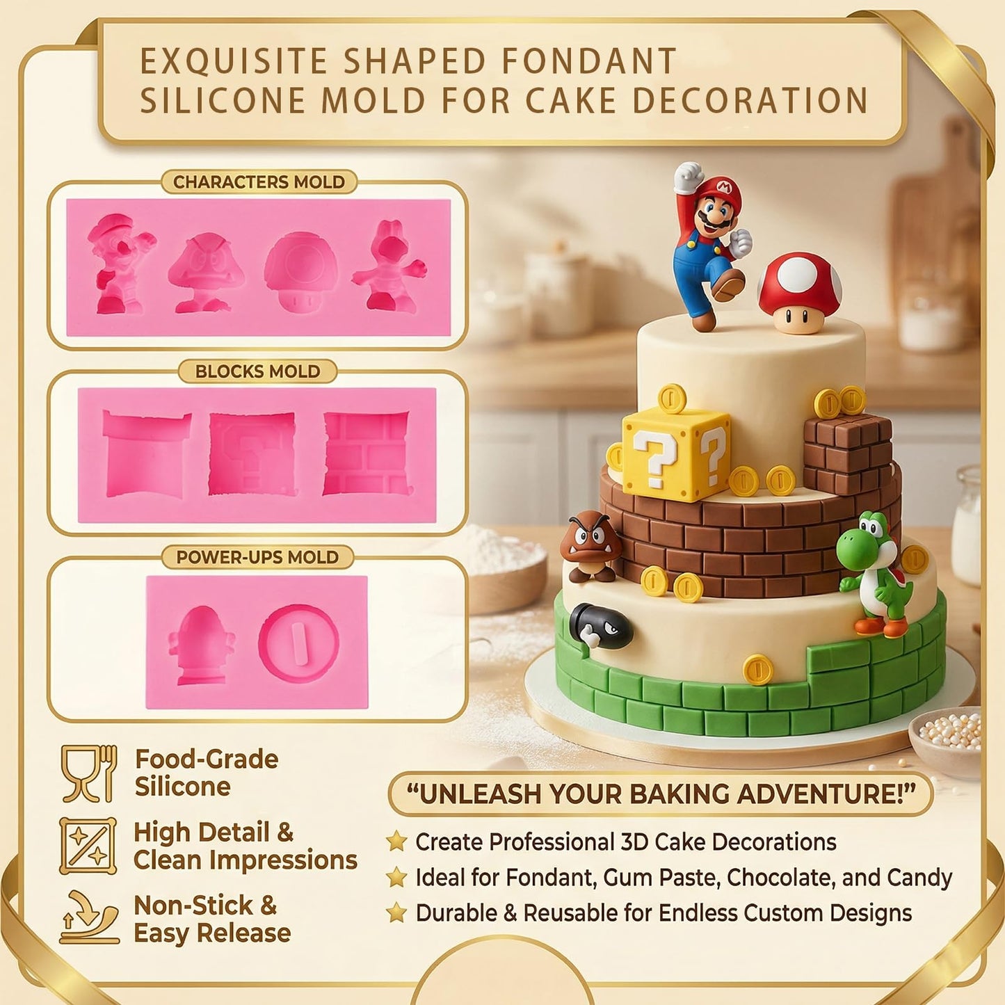 IKOJING Super Cube Chocolate Silicone Mold 3 pcs, Mushroom Dragon Gold Coin Cake Decoration Fondant Molds, for DIY Ice Cubes, Candies, Cupcake Toppers, Resin, Clay, Plaster Molds