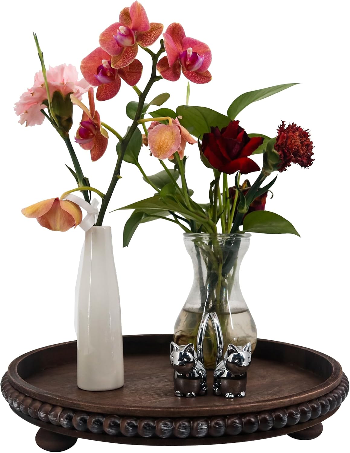 12in FramePro Decorative Tray Round Wood Beaded - Brown Serving Tray Risers for Living Room, Coffee Table, Kitchen