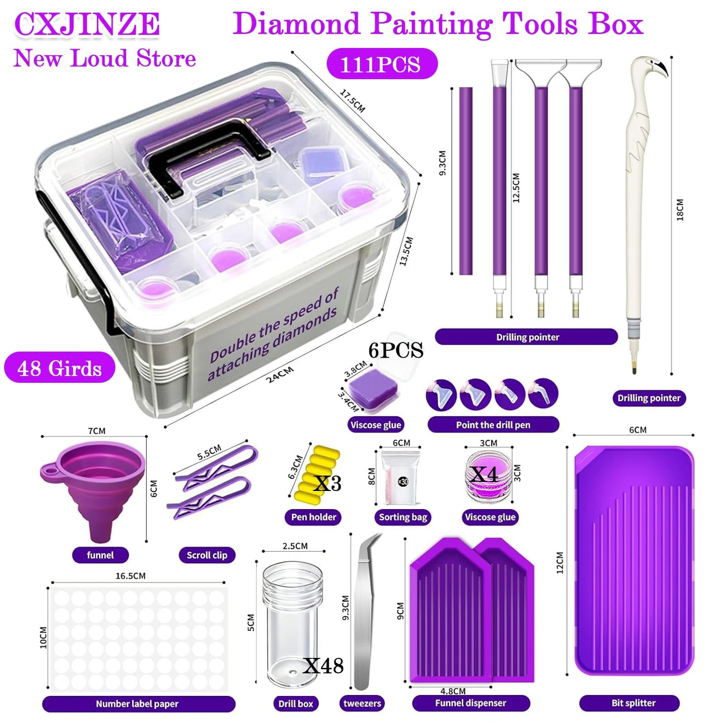 CXJINZE Diamond Painting Tools Accessories Storage-Kit - 111Pcs 5D Set Portable Tool Box with Handle Craft Jewelry Bead Storage Purple Box Art Trays for Diamond Painting Accessories and Tools