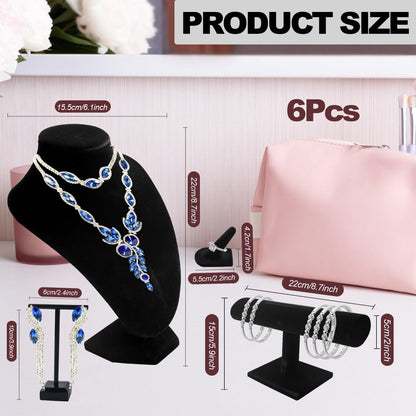 SENONAPO 6 Pcs Velvet Jewelry Display Set- Velvet Necklace Bust Holder Mannequin Bust & T-Bar 2 T Shape Earring Stand 2 Ring Finger Jewelry Holder Bracelet Organizer for Jewelry Showcase
