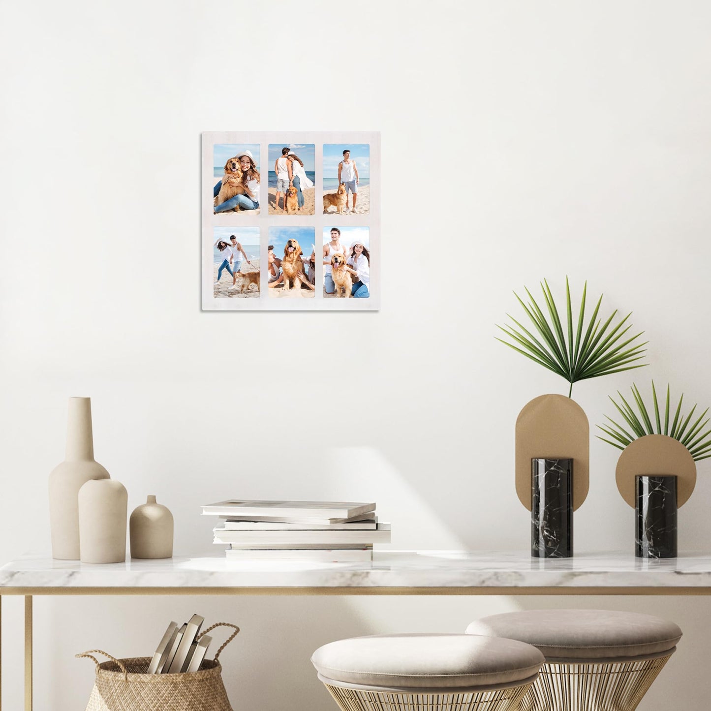 YESKAY 4x6 Picture Frame Collage,4 x 6 Multiple Photo Collage with Tempered Glass,6 Opening 4 by 6 Rustic White Family Picture Frames for Wall Decor 1 Pack(OD:13X13in)