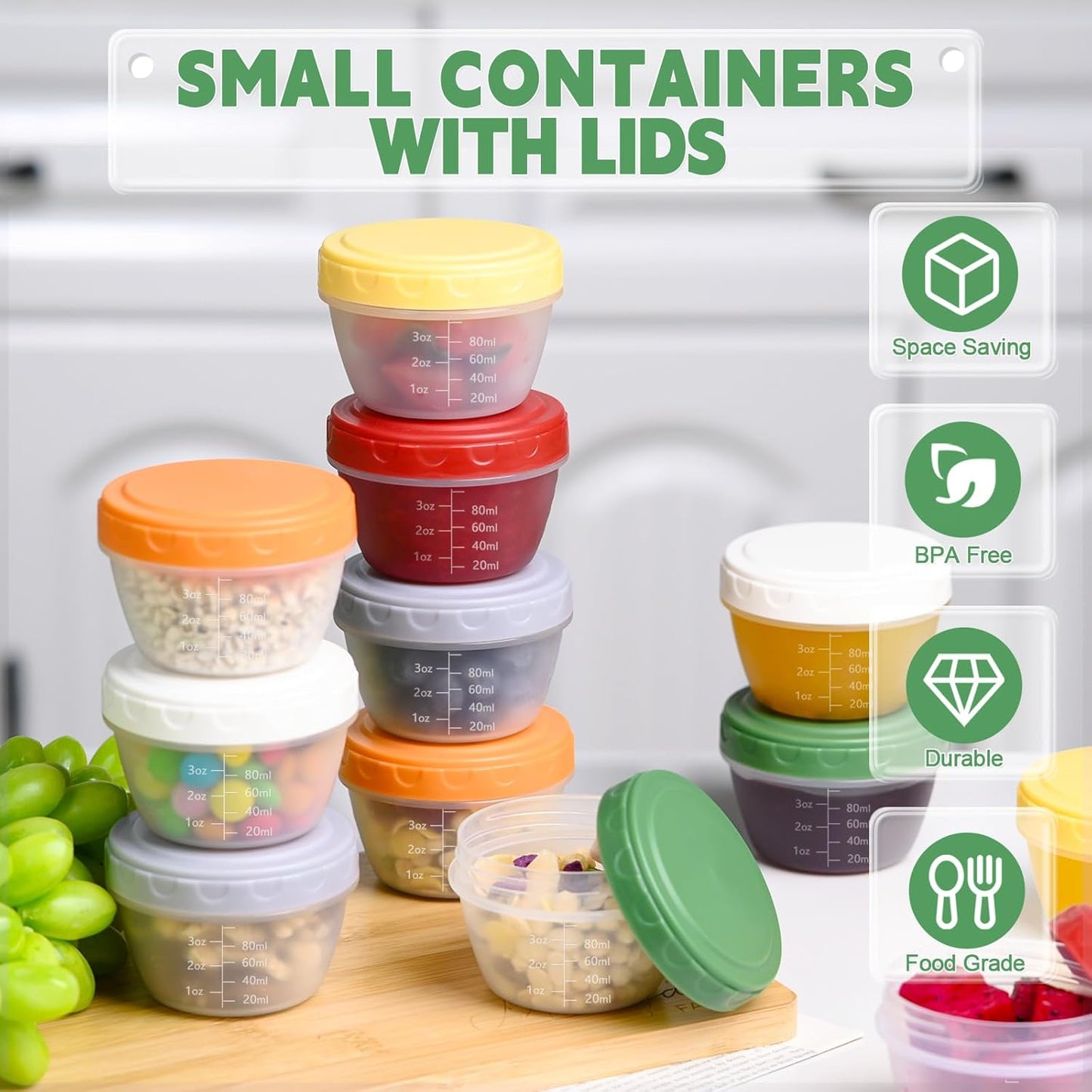 12pcs 4 oz 1/2 Yomarket Small Plastic Containers with Lids, Reusable Cup Small Food Storage Containers, Leakproof