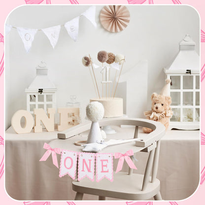 VitalCozy Pink One High Chair Banner for Girls Boys First Birthday High Chair Banner Sweet One Bow Floral Garland 1st Birthday Celebration Decorations (Classic)