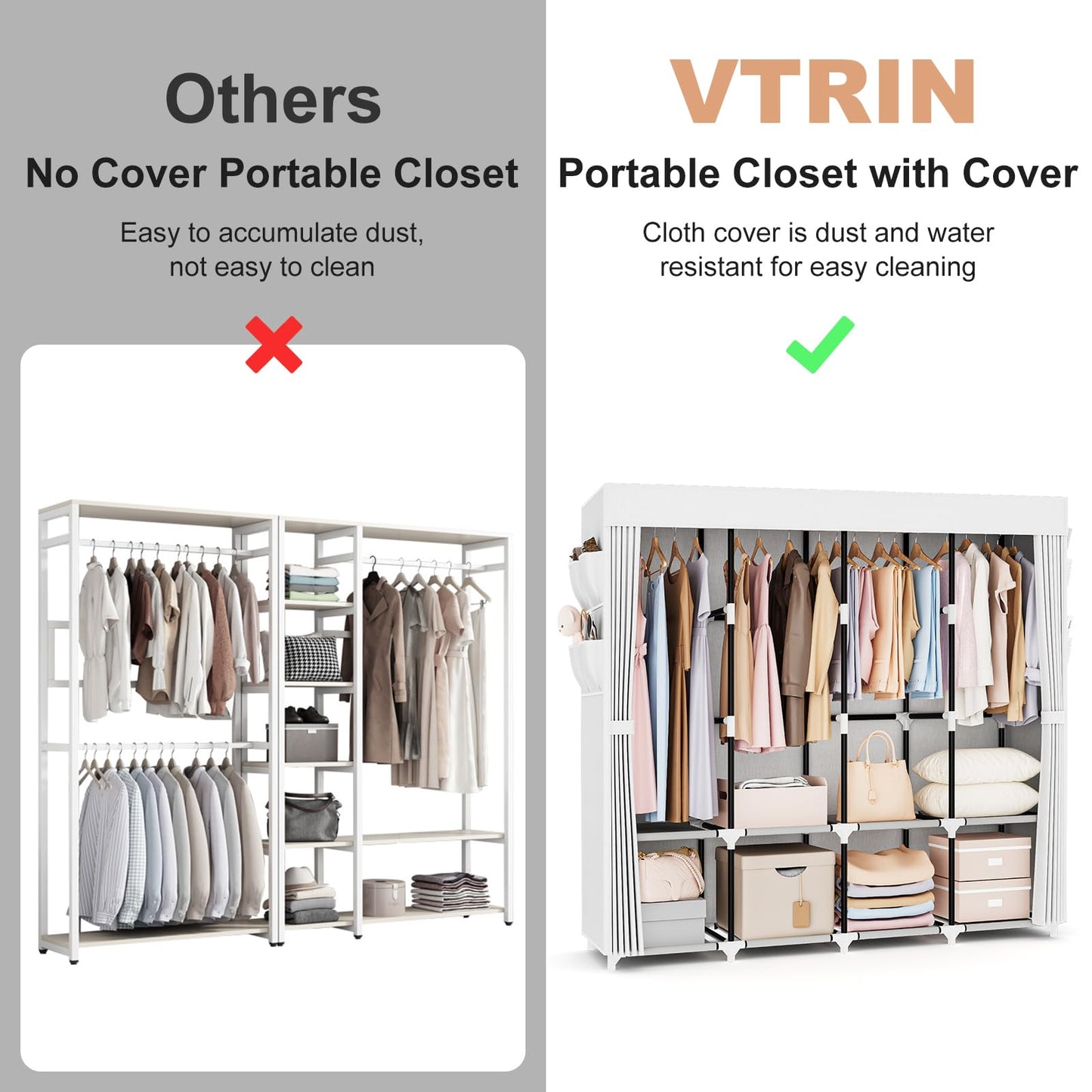 VTRIN Portable Closet for Hanging Clothes 67 Inch Wide Large Capacity Portable Wardrobe Closet with Cover, 4 Storage Shelves and 4 Hanging Rod Sturdy Free Standing Closet for Bedroom, White