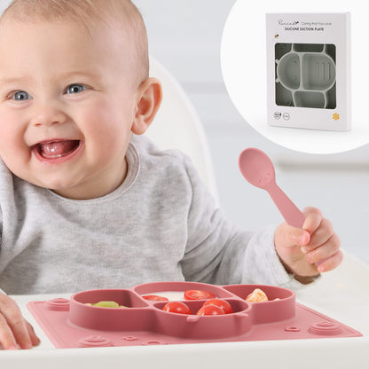 ROCCED Suction Plates for Baby placemat Spoon Fork Set for Toddlers, Silicone Baby Plates with Suction Baby Dishes for Kids Plates-Dusty blue
