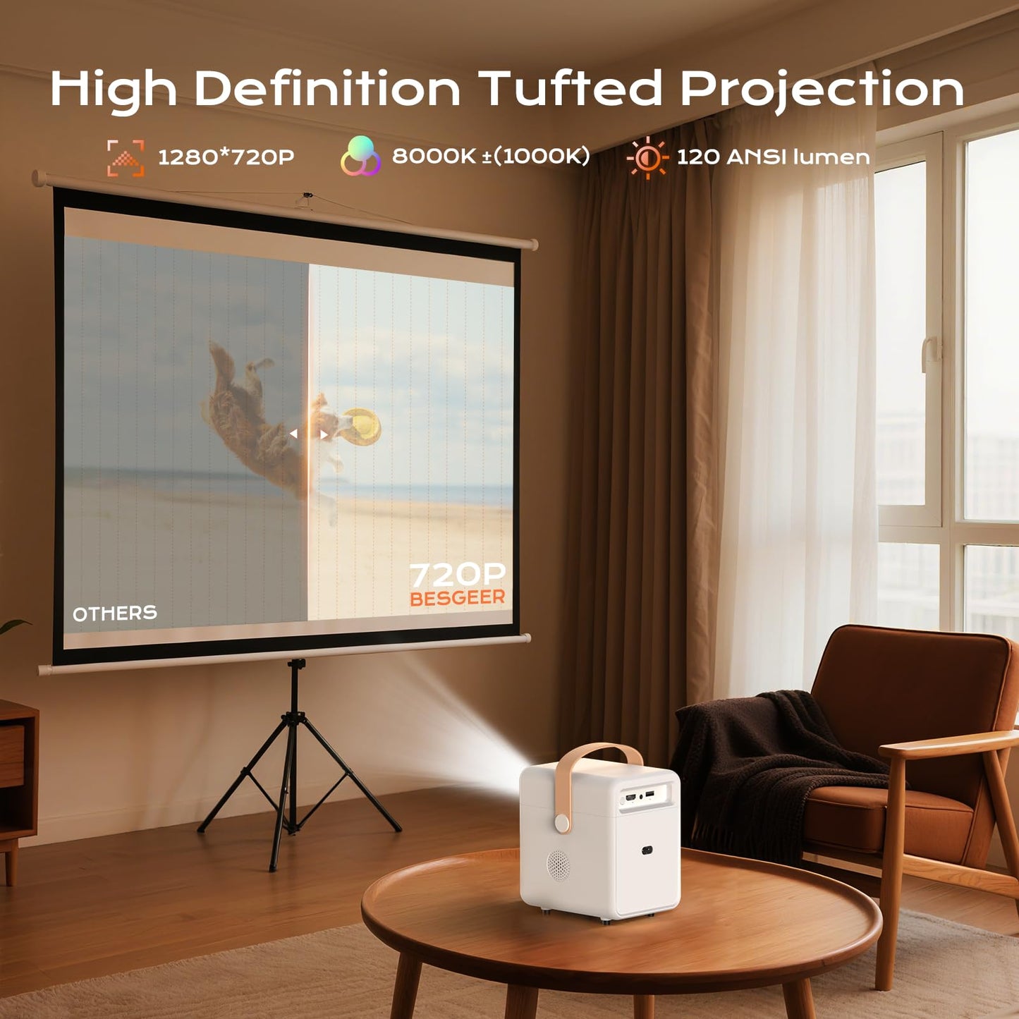 BESGEER Mini Projector WiFi for Tufting, 5.2 Built-in Bluetooth Portable Projector with HDMI/Audio/USB, 1080p Projector for Tracing Projection on Home DIY Rug Cloth Carpet (Cream White)