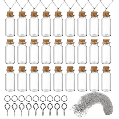 Sawysine 50 Pcs 10 ml Mini Glass Bottles Jars with Cork Mini Potion Bottles 50 Pcs Link Necklace Chain with Lobster Clasps Jewelry Chain 100 Pcs Eye Screws 100 Rings for Bead DIY Crafts Pendant Making