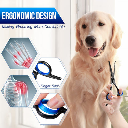 Gimars Dog Grooming Scissors Kit Professional 4CR with Safety Round Tip, 5 in 1 Heavy Duty Titanium Coated Thinning & Curved & Straight Shears