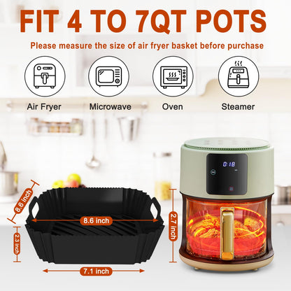 Air Fryer Silicone Liners Square 2 Pack 7.1 Inch Airfryer Liners 4-7 QT Reusable Air Fryer Liners Silicone Pot Oven Liner Baking Tray, Air Fryer Basket Silicone Mat Bowl Air Fryer Accessories Kitchen