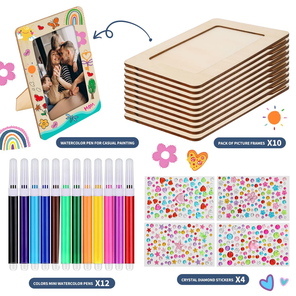 zjdbset Picture Frame Painting Craft Kit for 4 * 6 Photo,10Pcs DIY Unfinished Wooden Picture Frames with 12Pcs Painting Color Pen 4 Sheets Crystal Diamond Stickers for DIY Craft