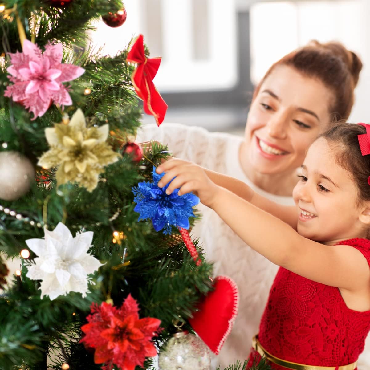 Christmas Poinsettia Artificial Flowers Decorations, 12 Pcs Glitter Flowers Picks for Xmas Tree Wreaths Garland