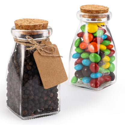 yarlung 30 Pack Glass Favor Jars with Cork Lids, 4 OZ Clear Small Candy Jars Set Square Decorative Bottles for Thanksgiving Gift, Christmas, Baby Shower Wedding Party Favor, Brown Labels and Strings