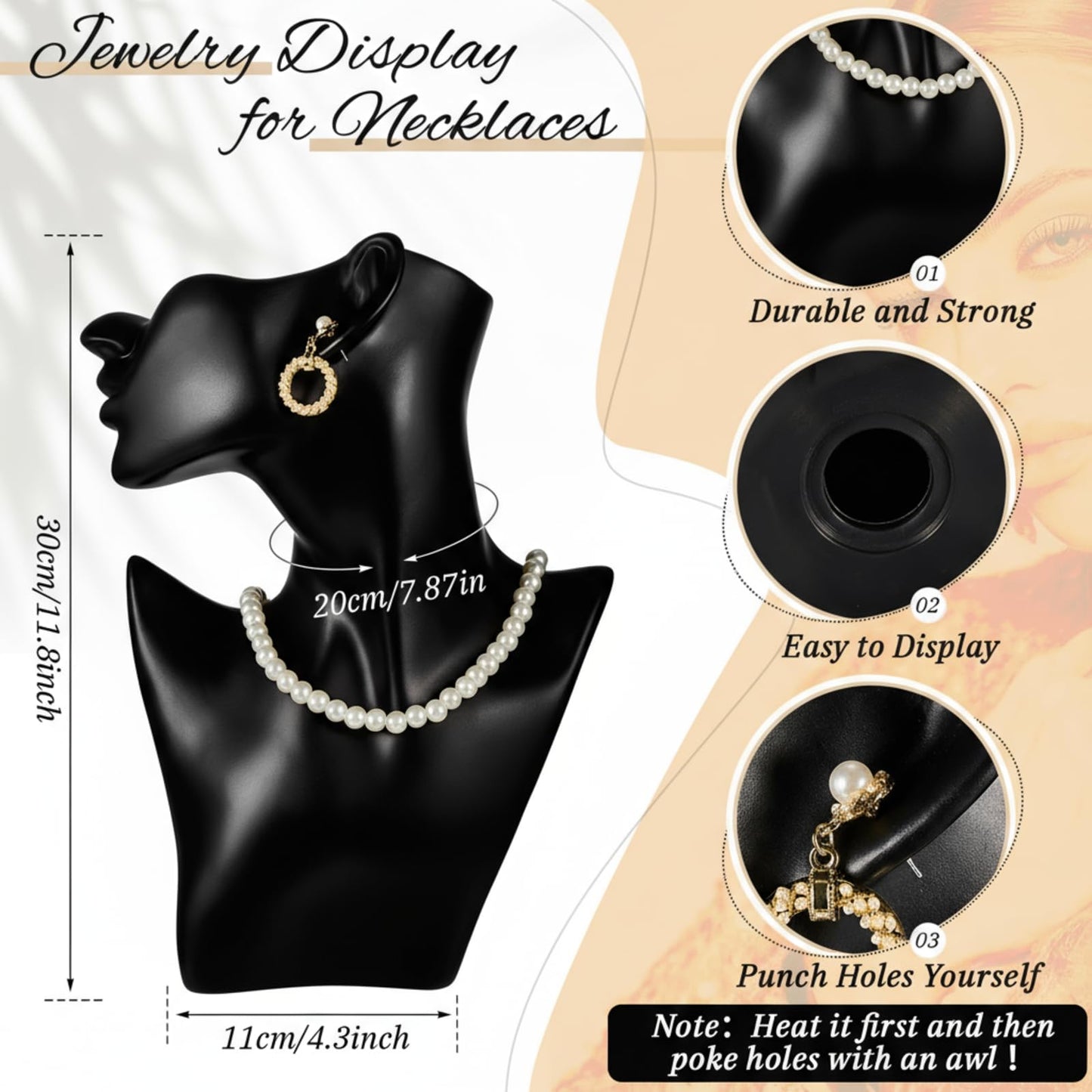 Kigley 3 Pcs Jewelry Mannequin Display Set Including Boutique Bust Holder Mannequin Earring Stand Hand Display Bracelet Ring Stand for Selling Show(Black)