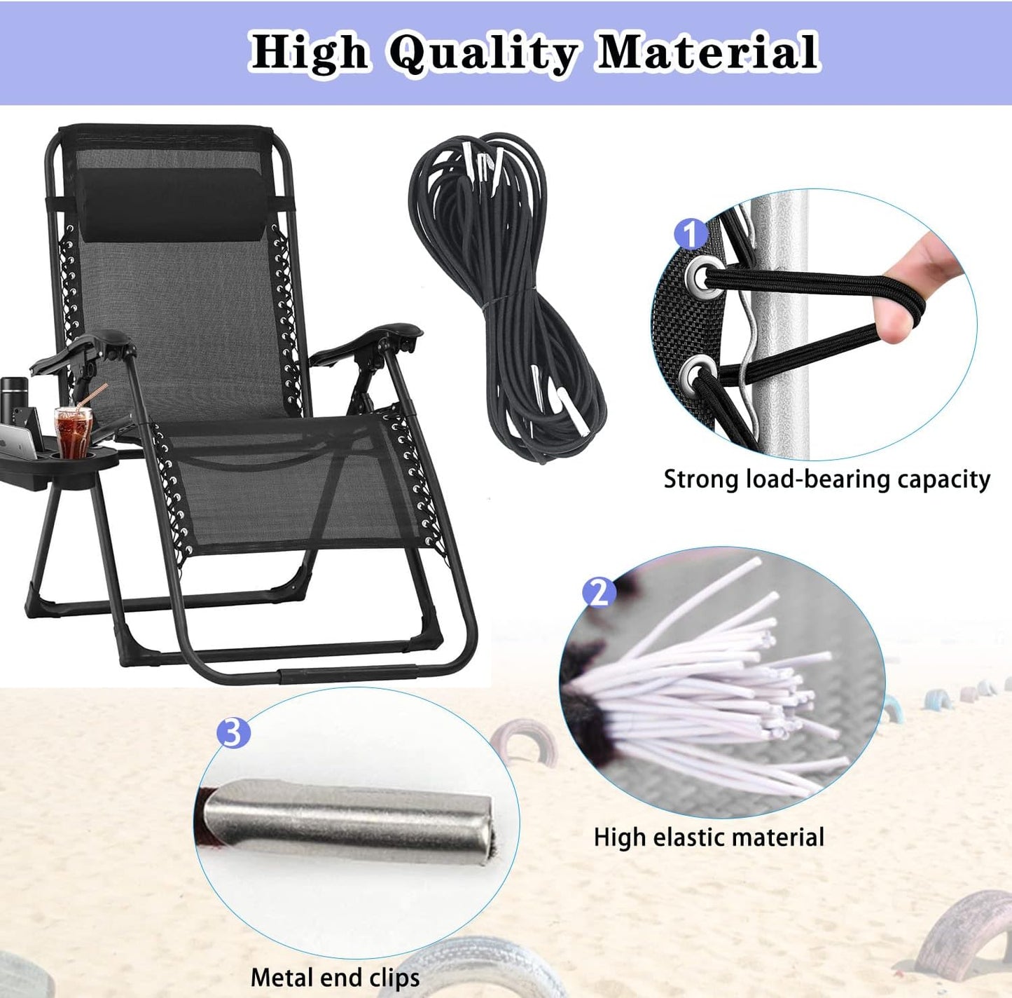21 Inch Zero Gravity Chair Replacement Fabric with Bungee Cord Kit, Wide Repair Cloth with Replacement Cord