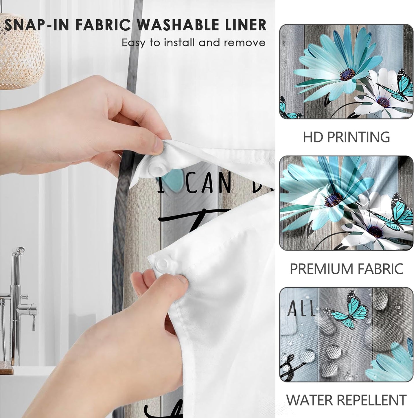 AZHM No Hooks Shower Curtain with Snap in Liner Rustic Teal Daisy Flower Inspirational Quotes Curtain for Bathroom Decor See Through Top Window Double Layers, 71x74 inches