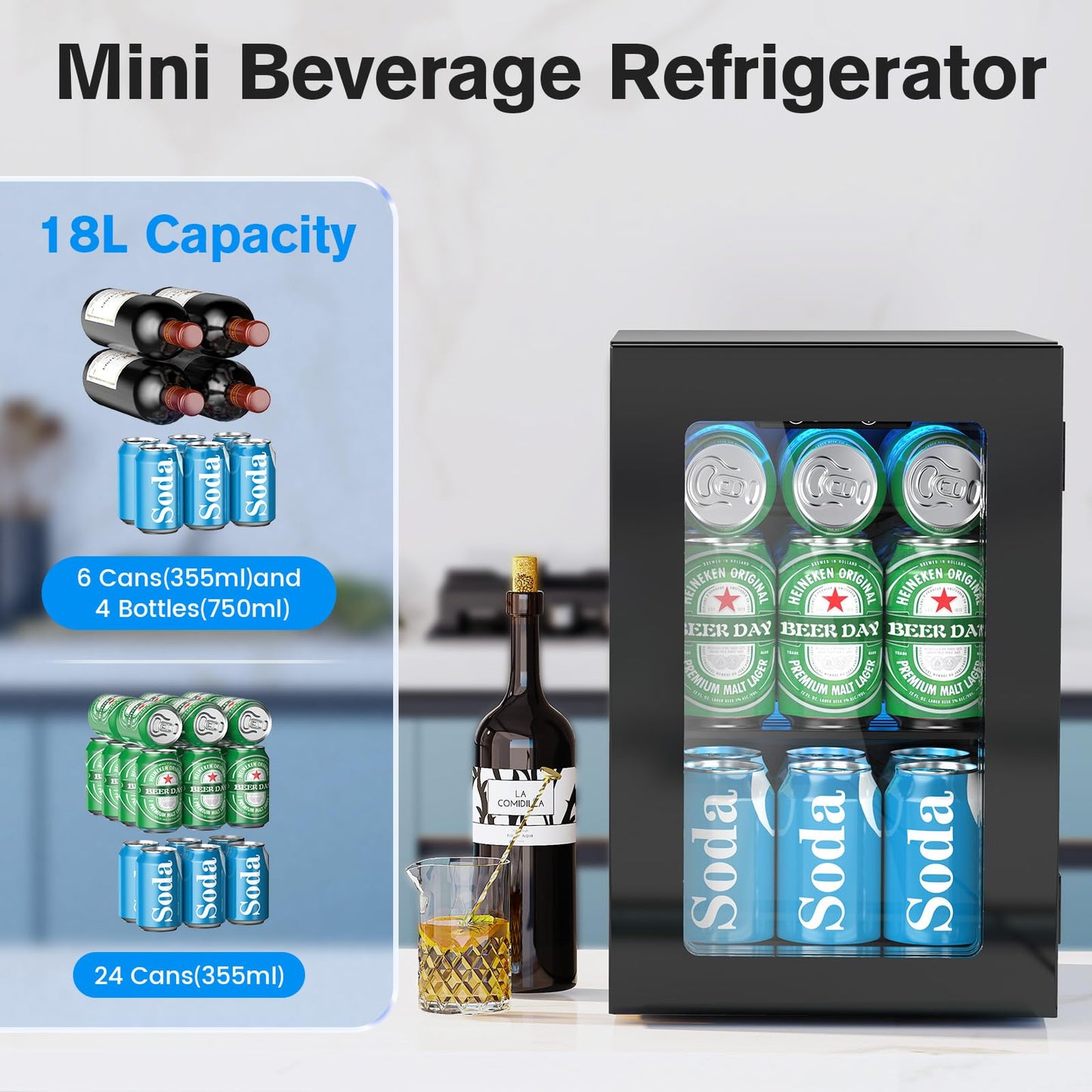 Electactic 24 Cans Beverage Refrigerator Cooler, Mini Fridge Countertop Drink Cooler for Soda, Canned Beer, Adjustable Digital Temperature Control for Home Dorm Office, Black
