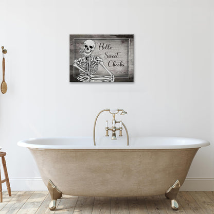 Bathroom Decor Wall Art Halloween Skeleton Canvas Prints Painting Gothic Skull Bathroom Pictures Framed Funny Weird Artwork for Toilet Restroom Washroom 16"x12"