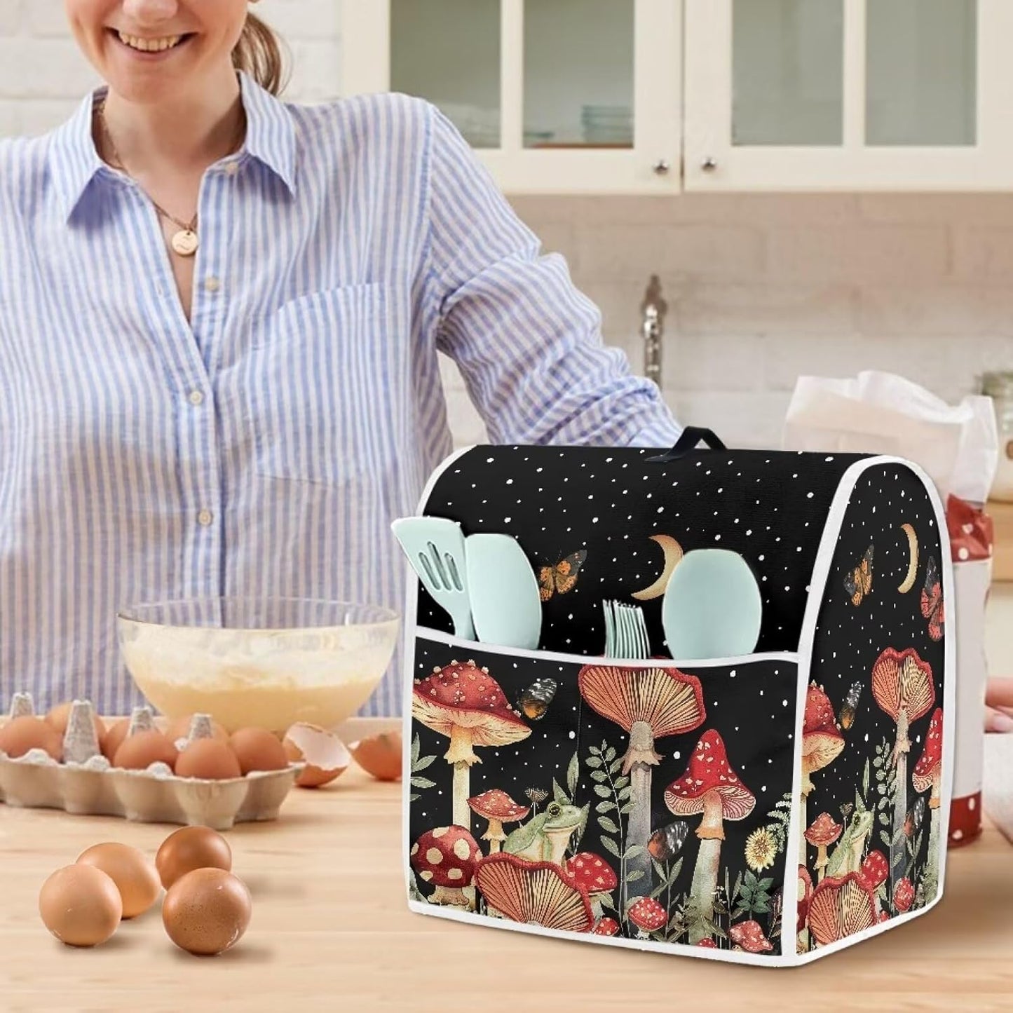 Moon Mushroom Butterfly Stand Mixer Dust-proof Cover, Organizer Bag with Multi Pockets for Kitchen Accessories